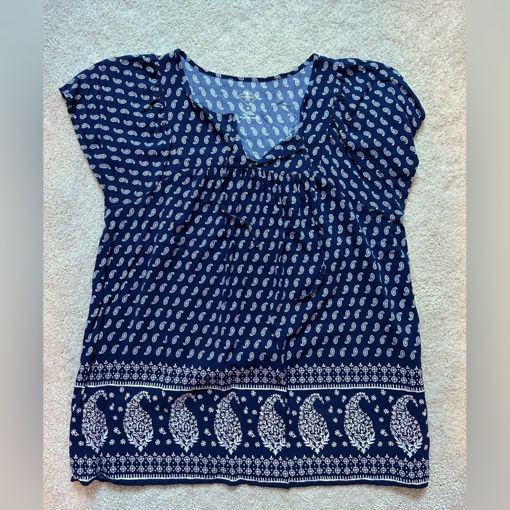 St John’s Bay blue paisley print blouse. Size M